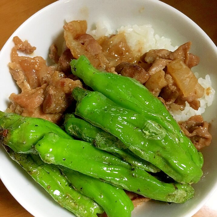 豚肉、しし唐丼